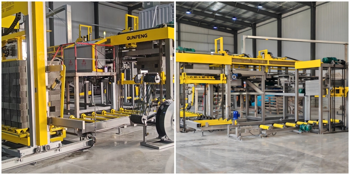 Automatic palletizing system for Qunfeng Machinery’s fully automatic concrete product production line. Hệ thống xếp pallet tự động cho dây chuyền sản xuất sản phẩm bê tông hoàn toàn tự động của Qunfeng Machinery.