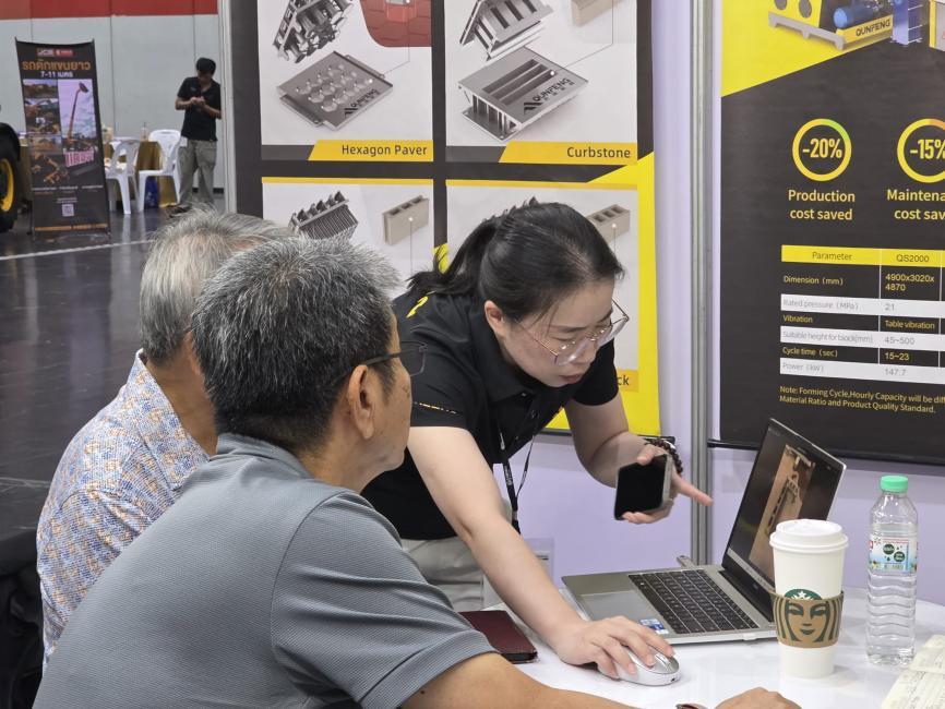 Qunfeng Machinery team explains customizable solutions to Southeast Asian clients. Nhóm Máy móc Qunfeng giải thích các giải pháp tùy chỉnh cho khách hàng Đông Nam Á.